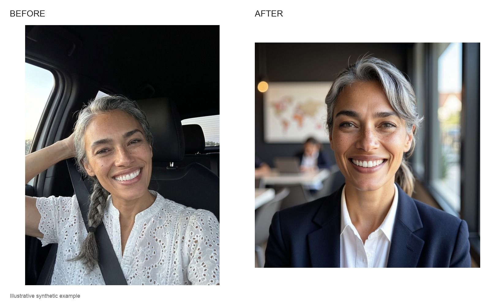 Illustrative before and after: a woman with a gray braid taking a selfie in a car, then a professional headshot in a navy blazer in a cafe