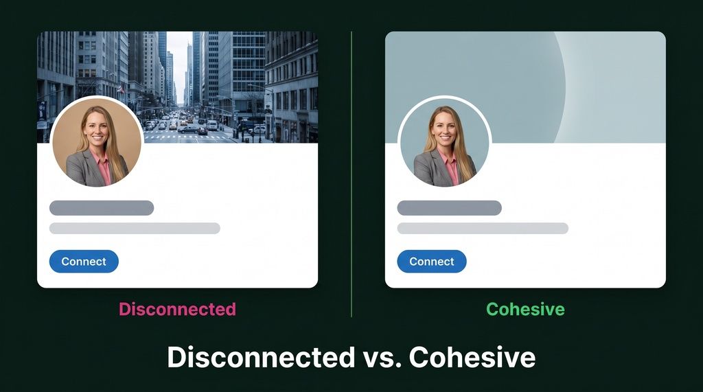 Two LinkedIn profile mockups: a busy city banner clashing with the headshot, and one matching its color