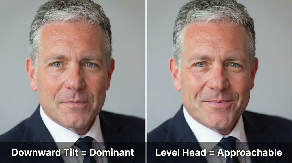 The same man photographed with his head tilted down and with his head level, side by side