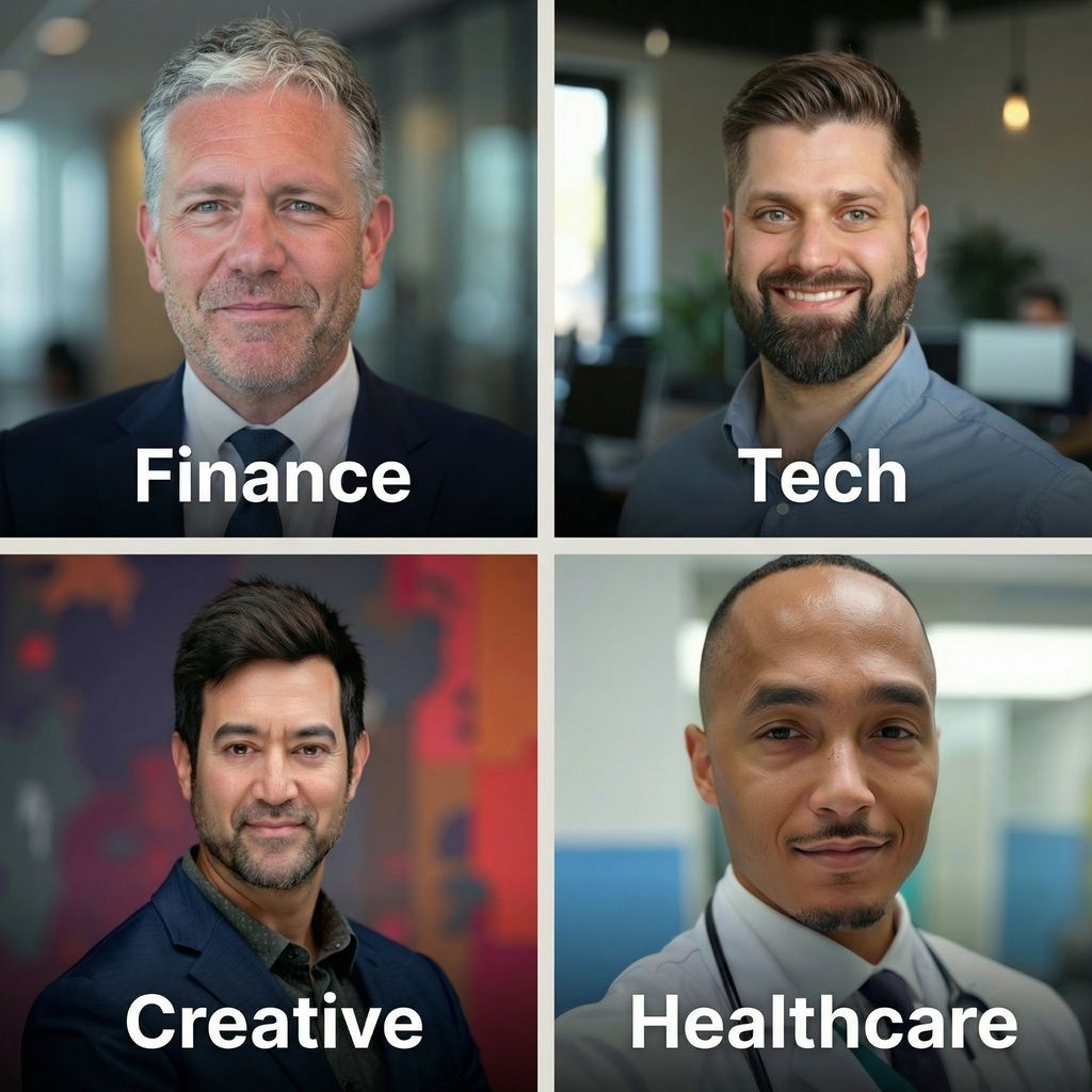 Four men's headshots labeled finance, tech, creative and healthcare, each in a pose suited to that field