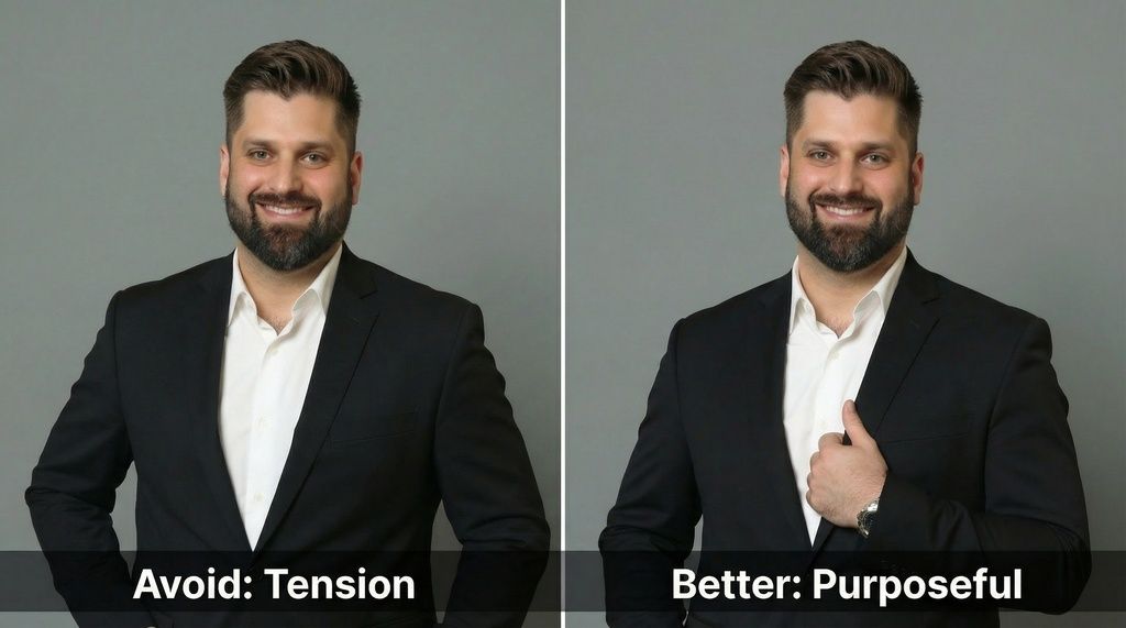 A bearded man in a black suit shown twice: hands hidden and tense, then one hand placed at his jacket front