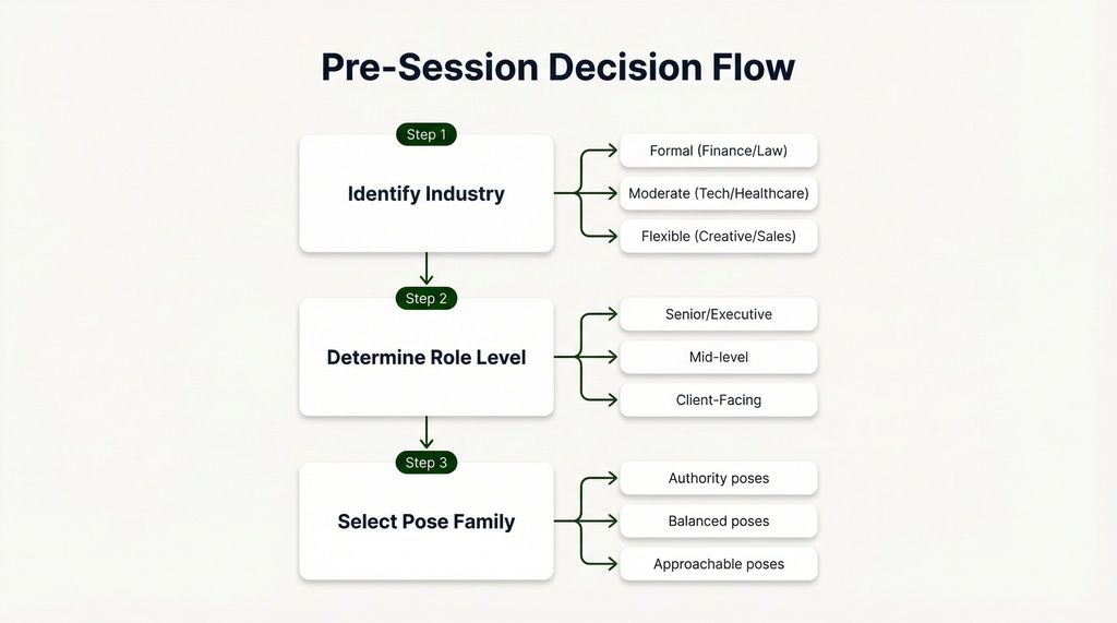 Flowchart: identify your industry, set your role level, then choose a pose family