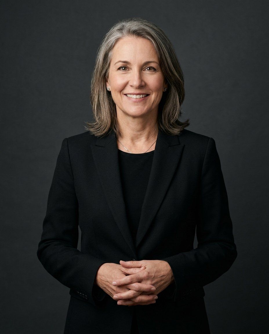 A woman in her fifties in a black tailored blazer