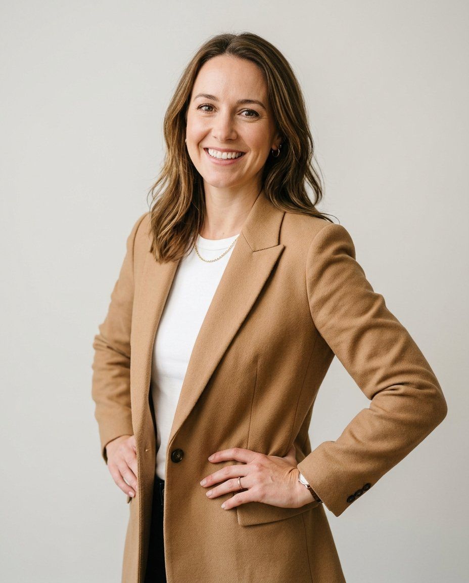 A woman in her thirties in a camel blazer over a white top