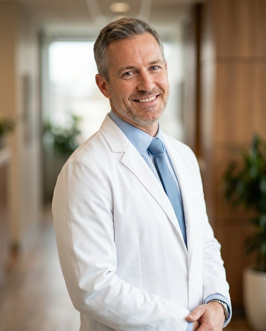 A man in his forties in a white doctor's coat over a light blue shirt