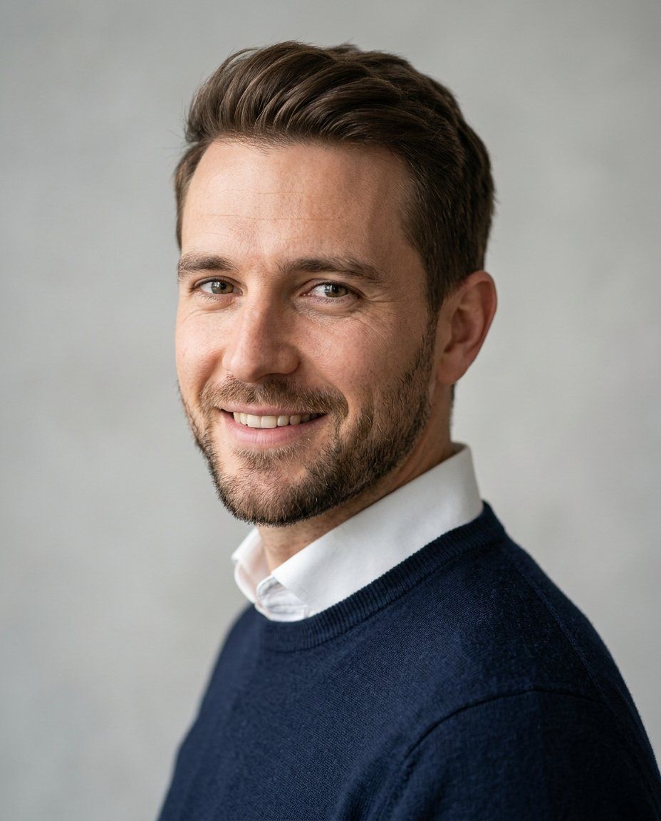 A man in his thirties in a navy sweater over a collared shirt, 30 to 45 degree turn with face to the lens