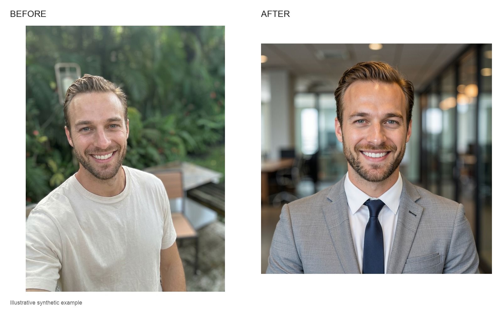 Illustrative before and after: a man in a white T-shirt in a garden, then a professional headshot in a gray suit and navy tie in an office