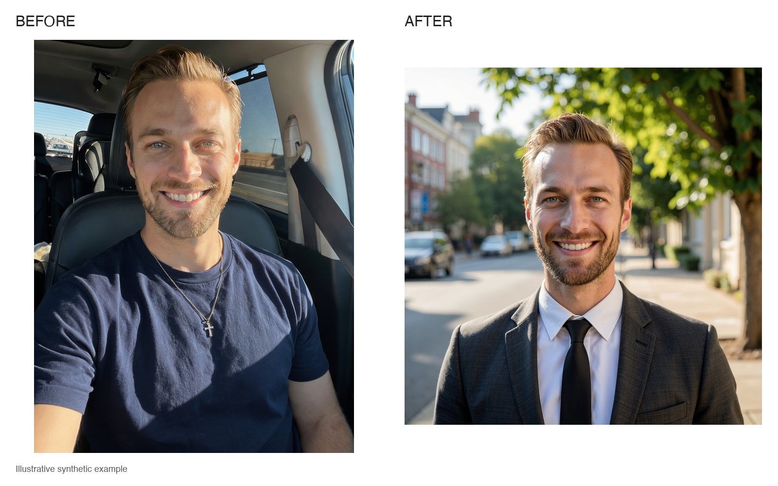 Illustrative before and after: a man in a navy T-shirt taking a selfie in a car, then a professional headshot in a charcoal suit and black tie on a city street