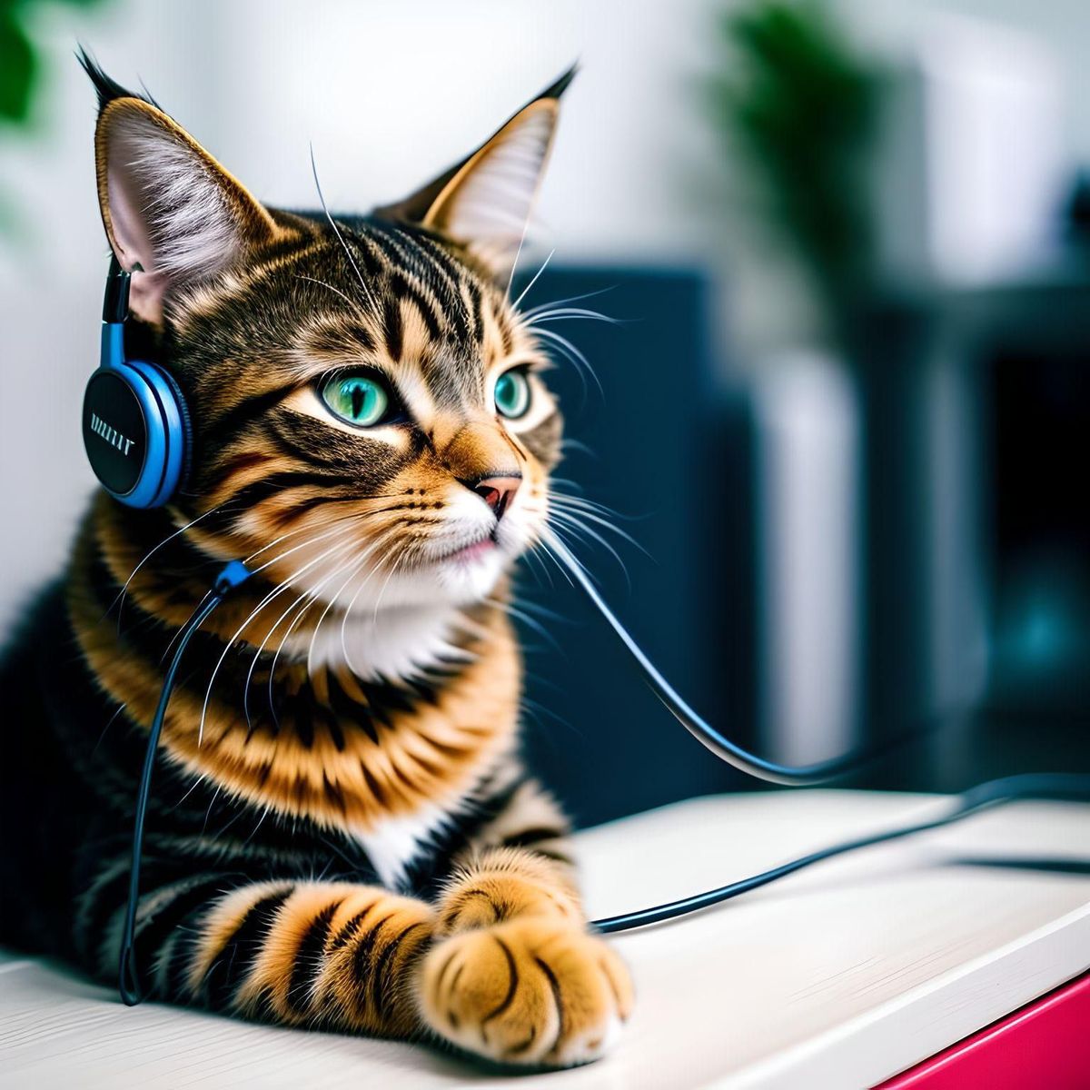 An AI-generated image of a cat listening to music on headphones