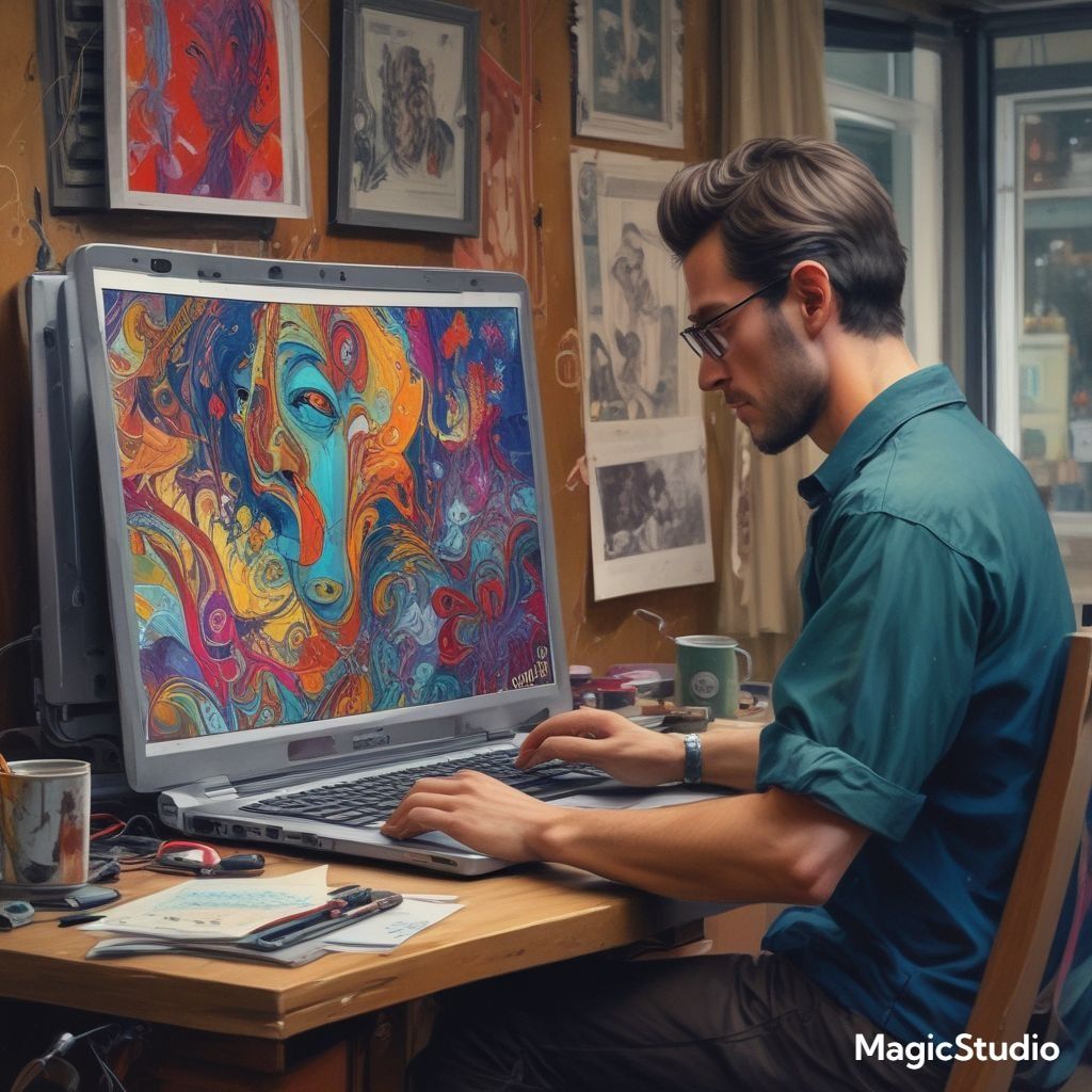 An artist working on his AI-generated artwork created by him using Magic Studio