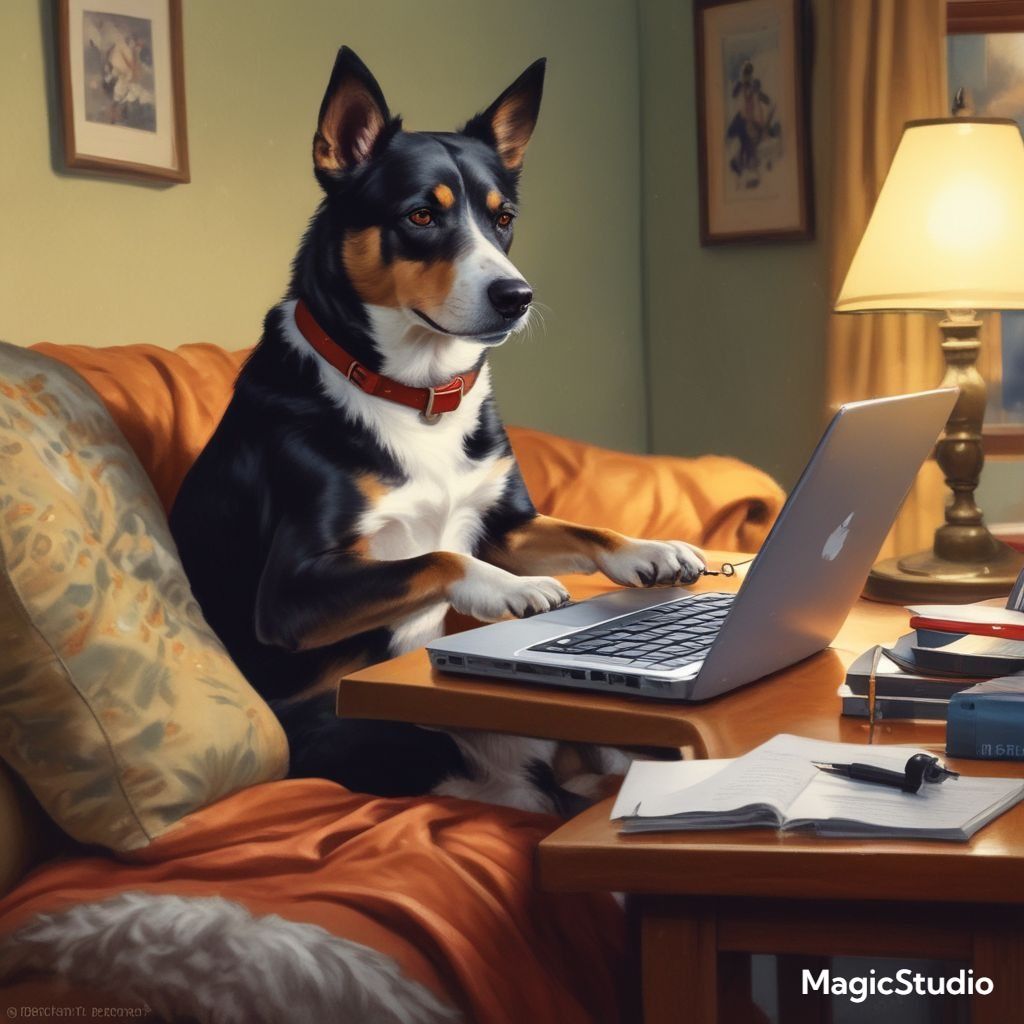 An AI art of a dog using a laptop like a human
