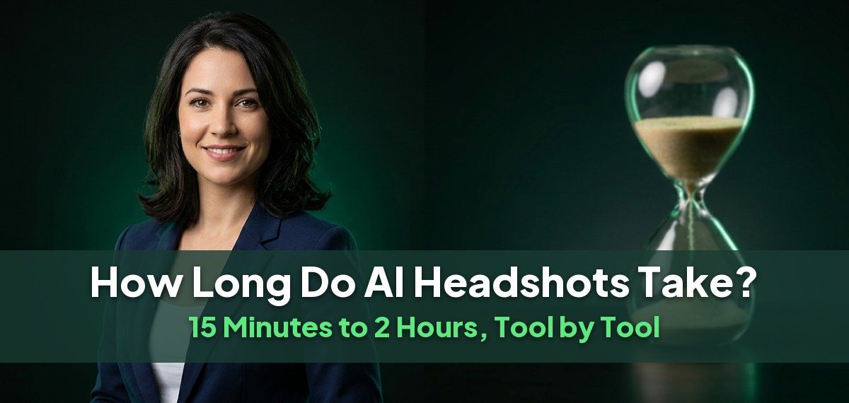 A professional in a navy blazer beside an hourglass, for a comparison of AI headshot turnaround times