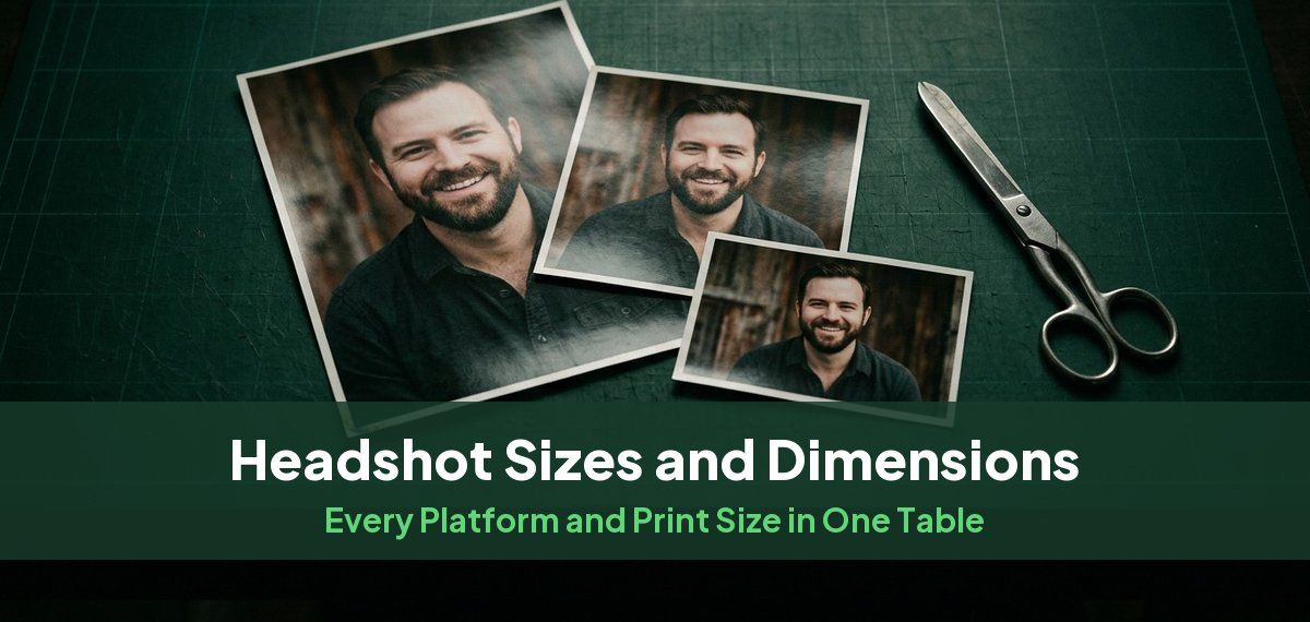 Printed headshots of one man in three sizes on a green cutting mat with scissors, for a guide to headshot dimensions