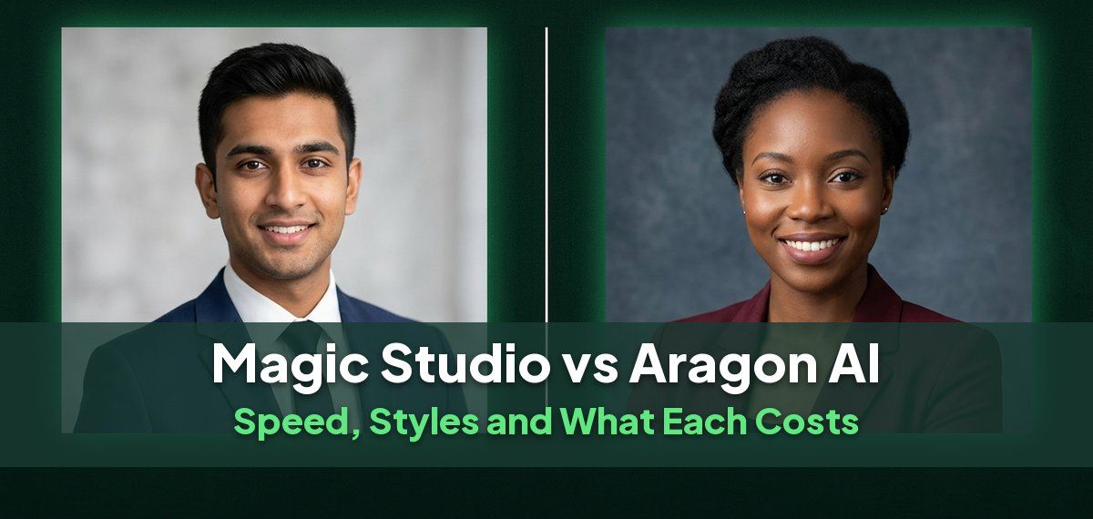 Two professional headshots side by side, for a comparison of Magic Studio and Aragon AI