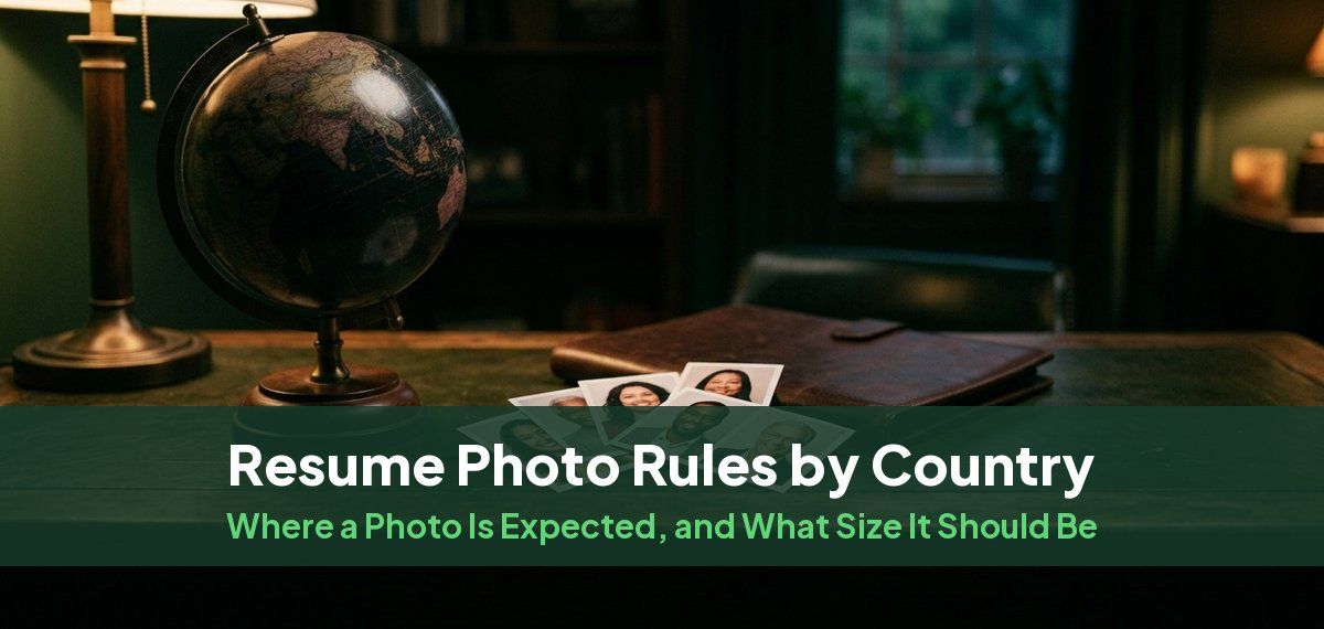 A desk globe beside a fan of small printed portrait photos, for a guide to resume photo rules by country