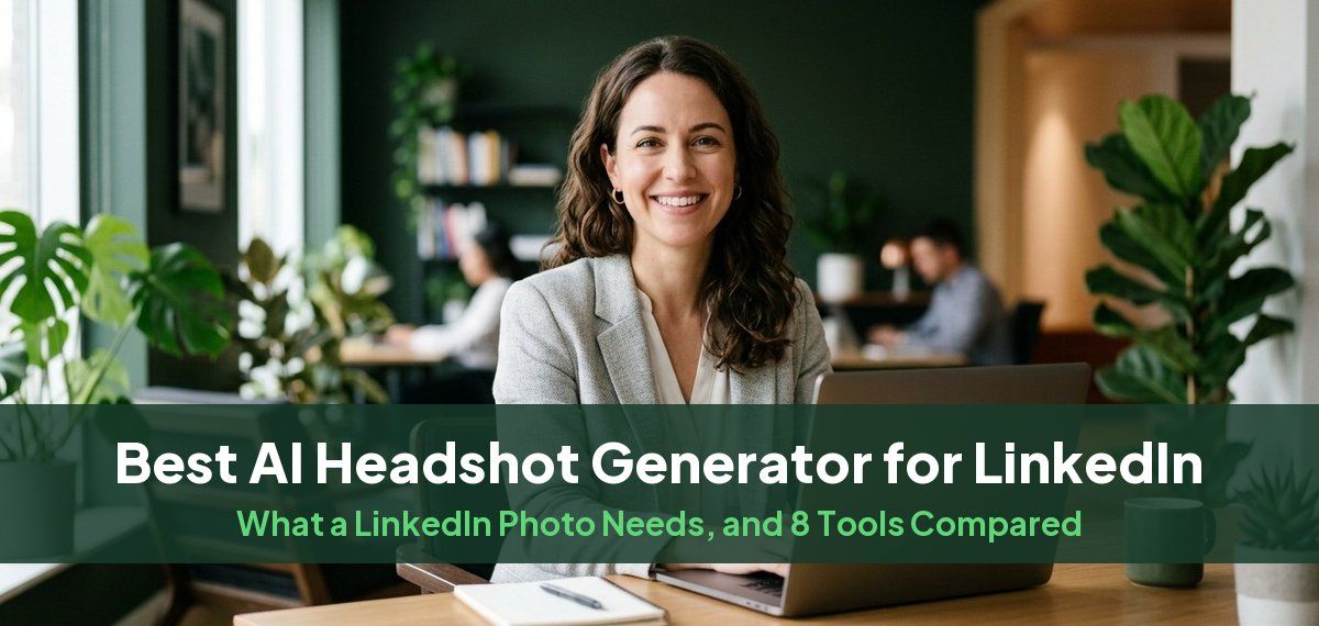 A smiling woman in a gray blazer at a laptop, for a guide to the best AI headshot generator for LinkedIn