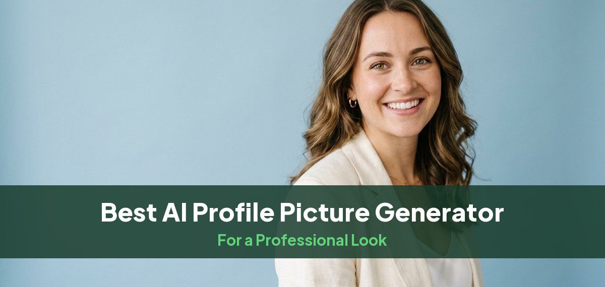 A woman in a cream blazer smiling against a soft blue backdrop, for a guide to AI profile picture generators