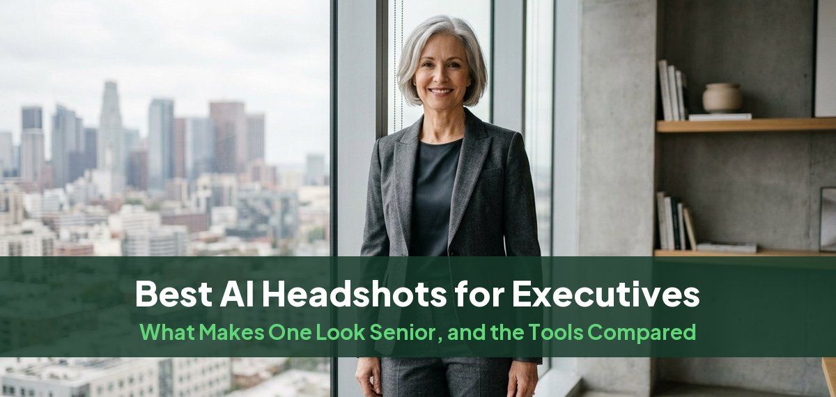 A woman with silver hair in a charcoal suit in a corner office, for a guide to AI headshots for executives