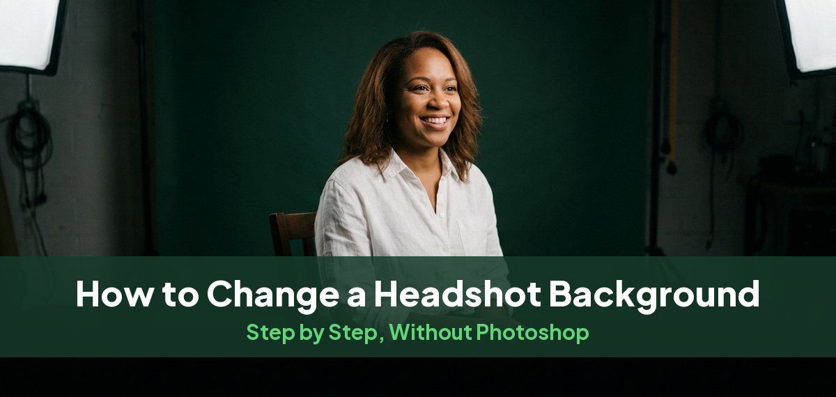 A smiling woman in front of a green screen in a small studio, for a guide to changing headshot backgrounds