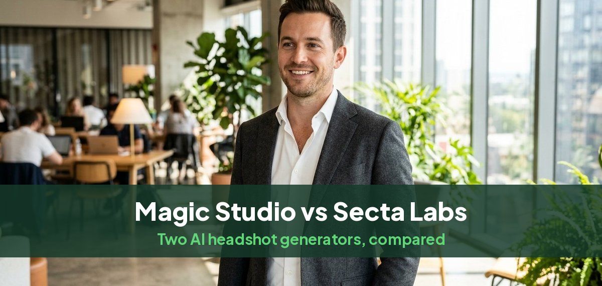 A smiling man in a charcoal blazer in a bright co-working space, for a comparison of Magic Studio and Secta Labs