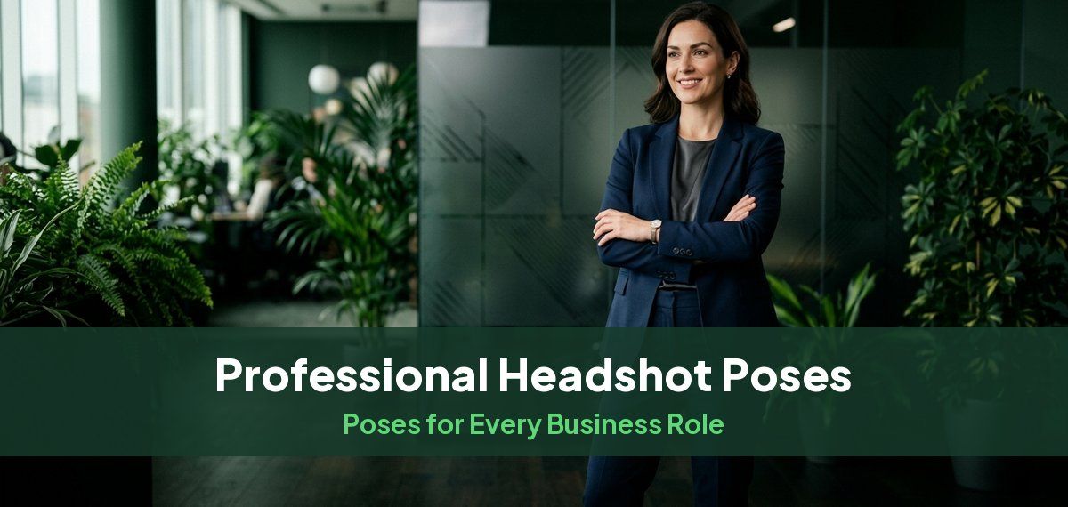 A businesswoman in a navy suit with arms loosely crossed in an office, for a guide to professional poses