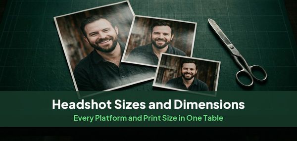 Printed headshots of one man in three sizes on a green cutting mat with scissors, for a guide to headshot dimensions