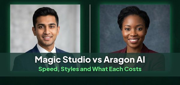 Two professional headshots side by side, for a comparison of Magic Studio and Aragon AI