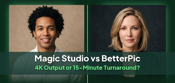 Two professional headshots side by side, for a comparison of Magic Studio and BetterPic