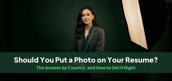 A woman in a charcoal blazer seated in a photography studio beside a softbox, for a guide to resume photos