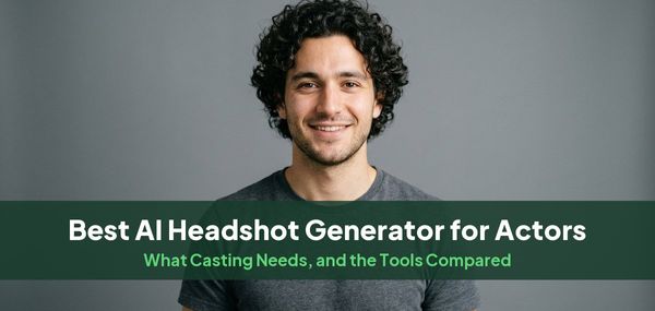 A young man with curly hair in a gray T-shirt on a plain gray backdrop, for a guide to AI headshots for actors