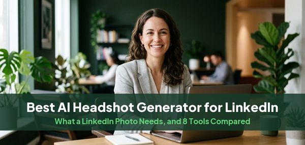A smiling woman in a gray blazer at a laptop, for a guide to the best AI headshot generator for LinkedIn