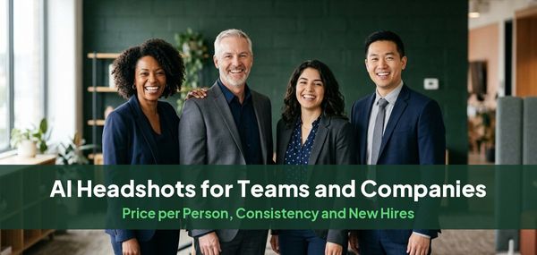 Four colleagues in matching navy and gray smiling in a bright office, for a guide to AI headshots for teams