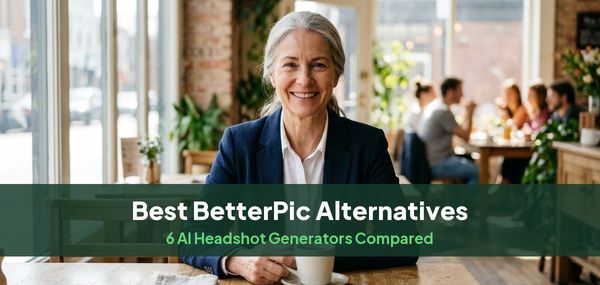 A smiling woman with gray hair in a navy blazer in a bright cafe, for a guide to the best BetterPic alternatives