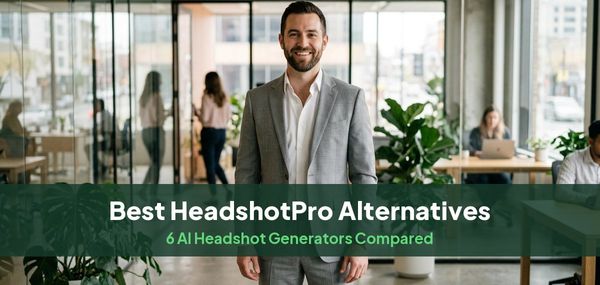 A smiling man in a light gray suit in a bright office, for a guide to the best HeadshotPro alternatives