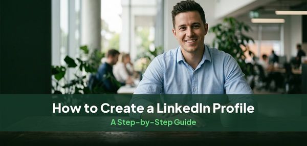 A smiling man in a light blue shirt at a desk in a bright office, for a guide to creating a LinkedIn profile
