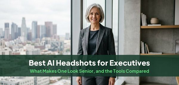 A woman with silver hair in a charcoal suit in a corner office, for a guide to AI headshots for executives