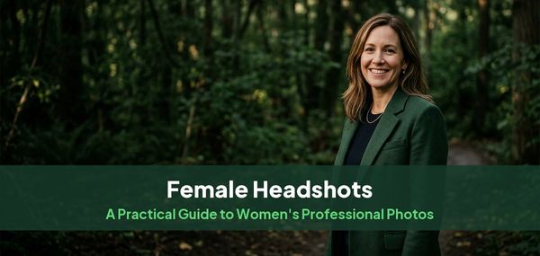 A woman in a green blazer smiling outdoors in soft afternoon light, for a guide to female headshots