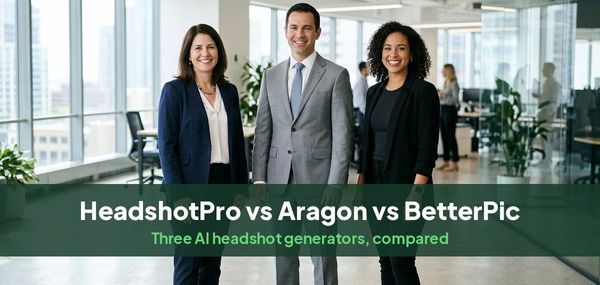 Three smiling professionals in business attire in a bright office, for a comparison of HeadshotPro, Aragon AI and BetterPic